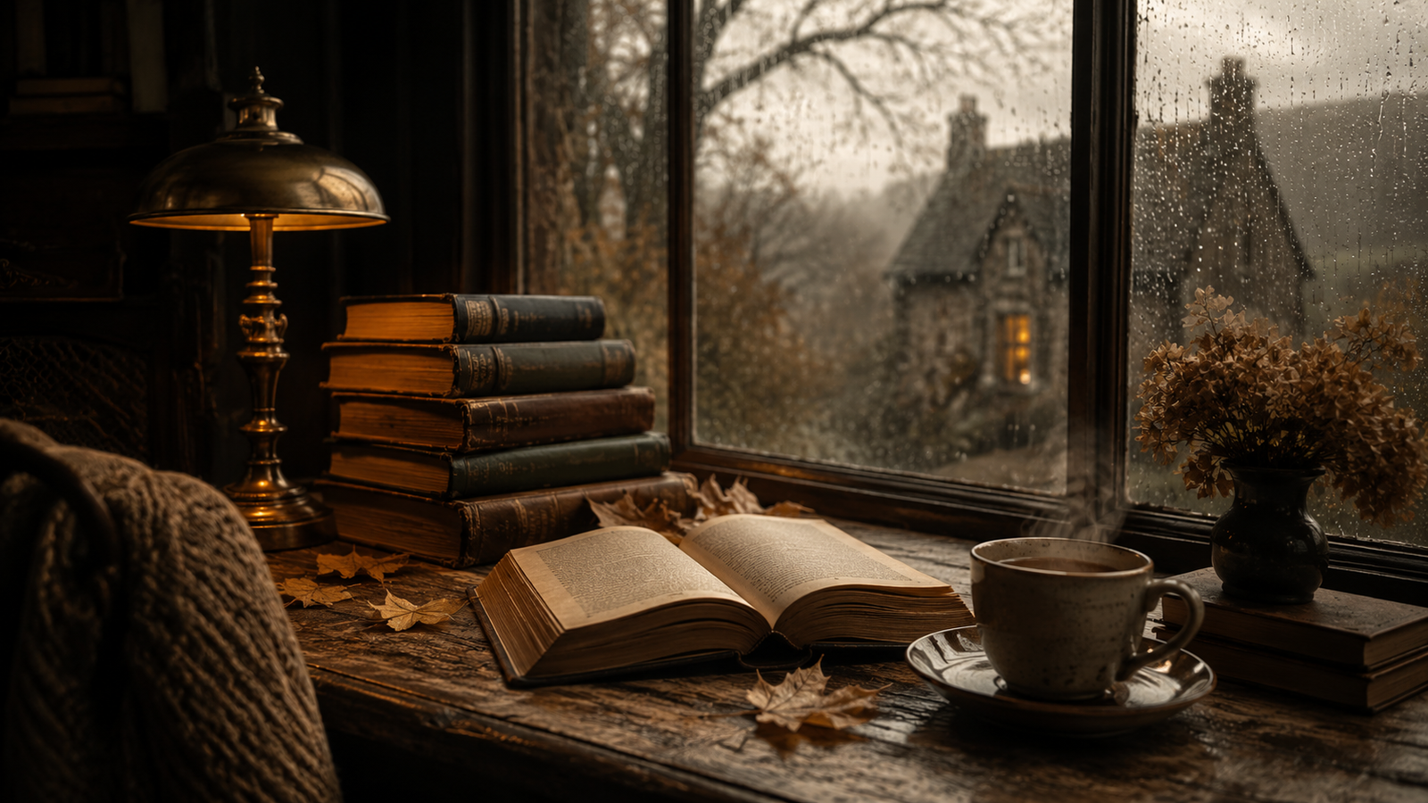 Dark academia classics beside an open book and warm lamp on a rainy autumn day