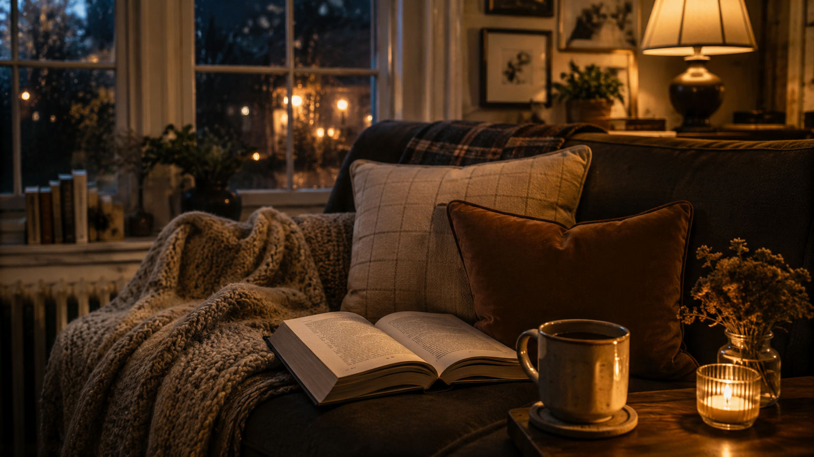Cozy evening reading nook with an open book, warm lamp light, and a mug by the window