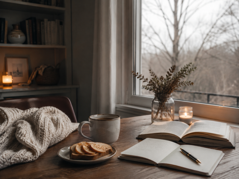 Cozy window-side reading nook with an open book, warm lamplight, and a mug beside a rain-streaked window.