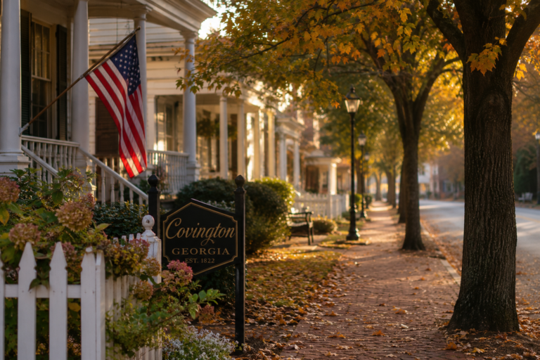 Quiet Southern street in early fall with historic homes, golden leaves, and warm evening light