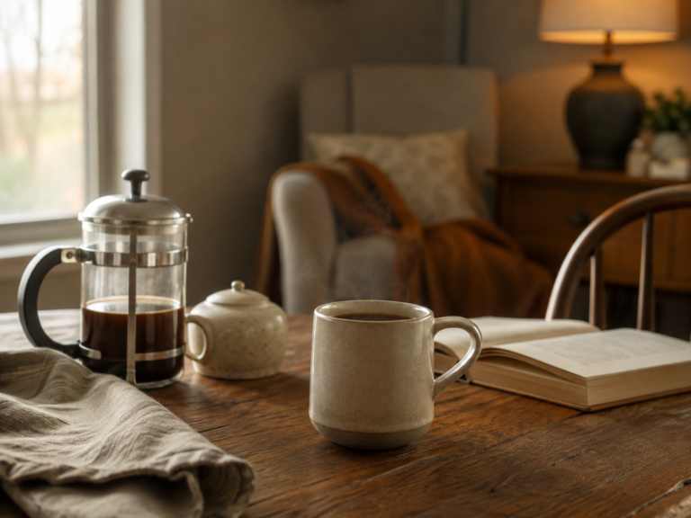 Simple coffee setup with a ceramic mug, French press, and open book on a wooden table