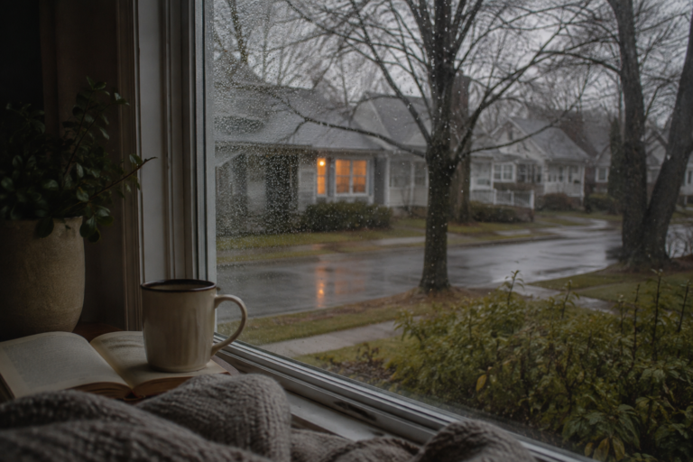 A quiet reading nook by a rainy window with a chair, soft blanket, and warm, cozy atmosphere