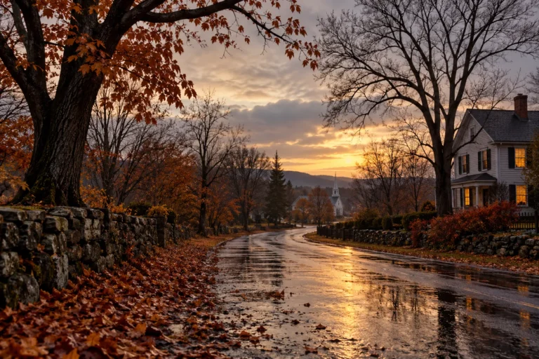 A quiet late-autumn country road after rain, lined with mostly bare trees, fallen rust-colored leaves, stone walls, and a warmly lit farmhouse beneath a pale evening sky