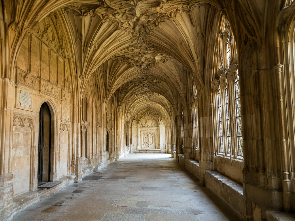 Sunlit stone cloister at Gloucester Cathedral with vaulted Gothic ceiling, arched walkway, and stained glass windows