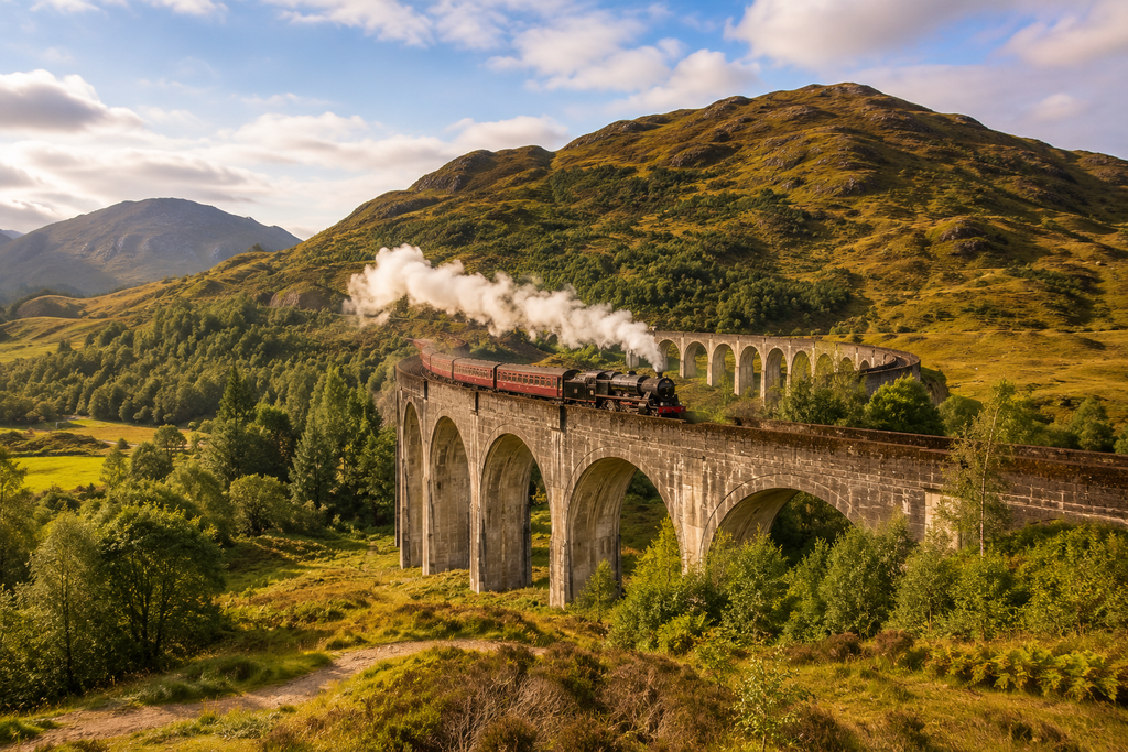 Steam train crossing the Glenfinnan Viaduct through the green hills of the Scottish Highlands