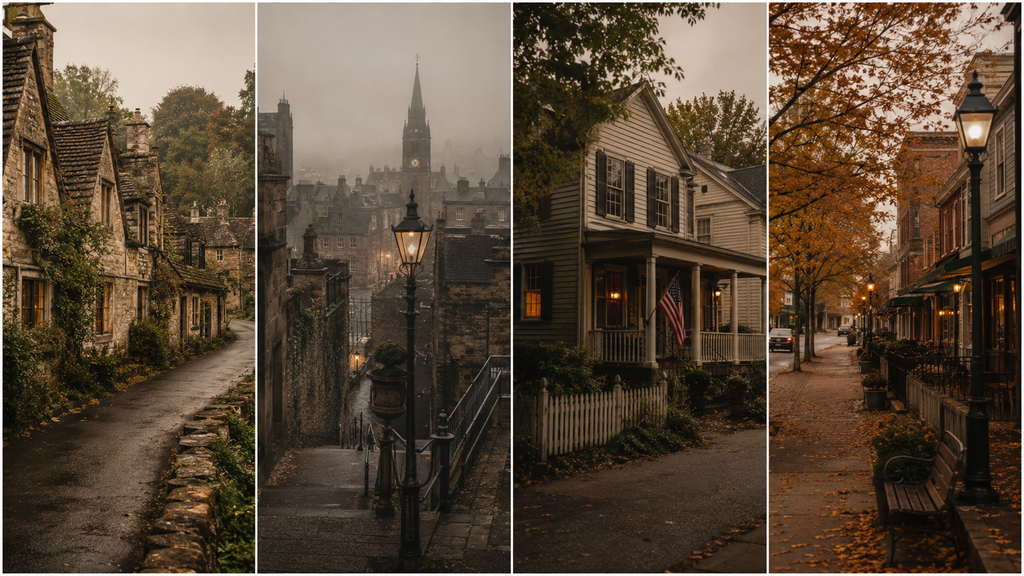 Four nostalgic autumn scenes inspired by England, Scotland, and small-town America