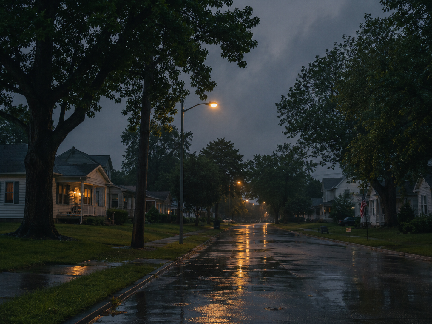 Quiet residential street at dusk after rain, with wet pavement, glowing streetlights, and warm lights in nearby homes
