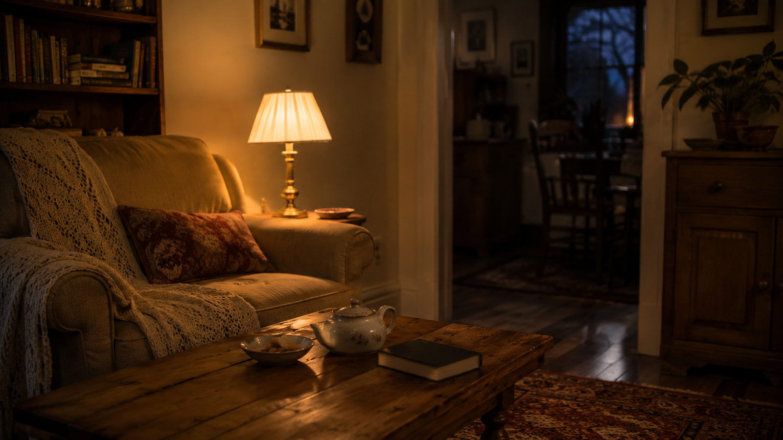 Cozy twilight reading nook with an open book, warm lamp light, and a calm evening atmosphere