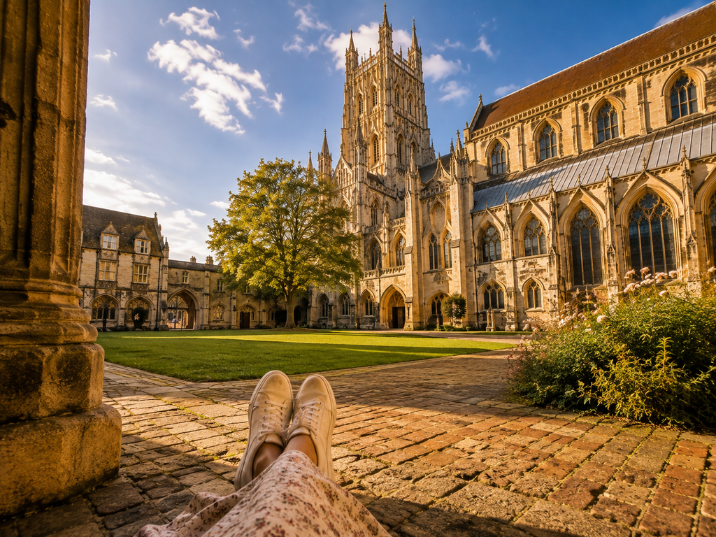 View of a Gothic cathedral from a stone courtyard, with white shoes visible in the foreground under a sunny sky
