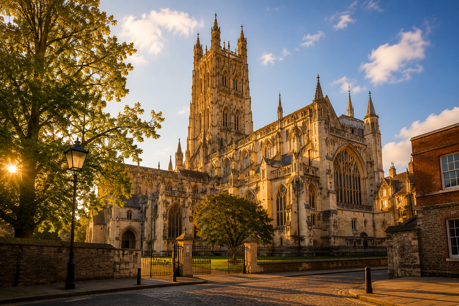 Exterior view of Gloucester Cathedral on a warm sunny day, showing golden stone walls, Gothic architecture, and a softly clouded sky