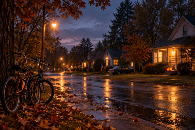 1980s-inspired rainy American neighborhood at dusk showing why Stranger Things feels so comforting, with bicycles, autumn trees, wet pavement, and warm house lights