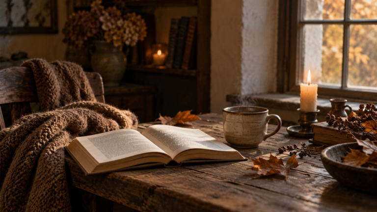 Seven classic novels beside an open book, warm candlelight, autumn leaves, and a mug by a rainy window on a quiet autumn weekend