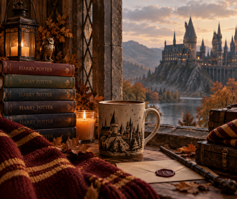 Cozy Harry Potter-inspired reading scene with old books, candlelight, autumn leaves, a warm drink, and a distant castle at dusk
