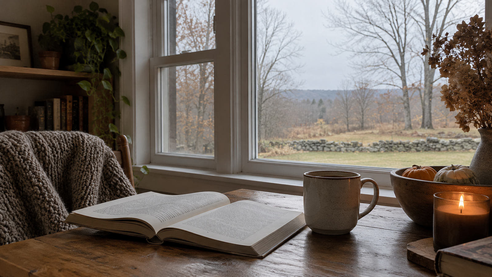 Cozy fall morning scene with an open book, a mug, a candle, and small pumpkins on a wooden table by a window overlooking a gray countryside view