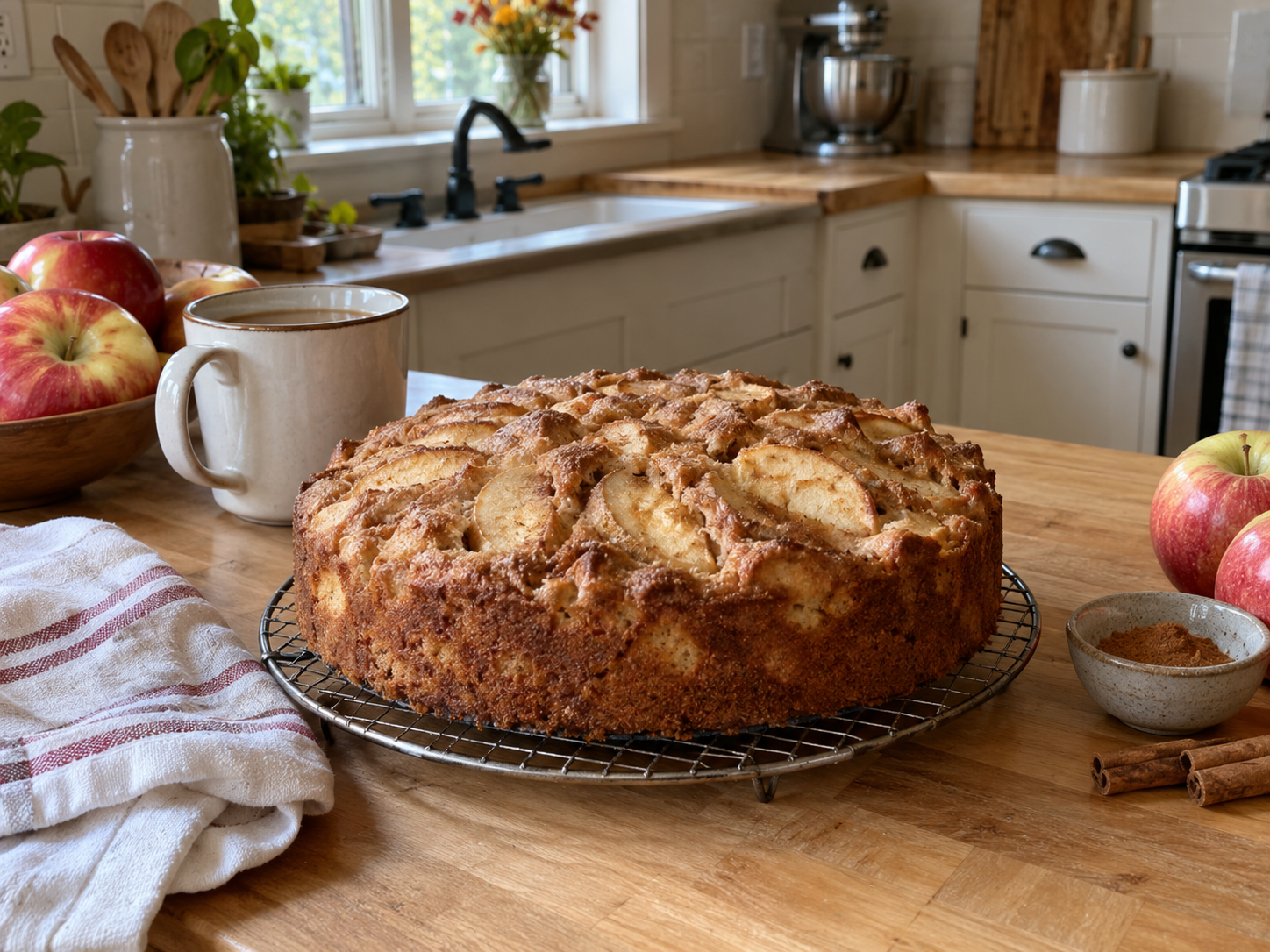 A homemade apple cake in a cozy American kitchen, styled with soft natural light and warm autumn details