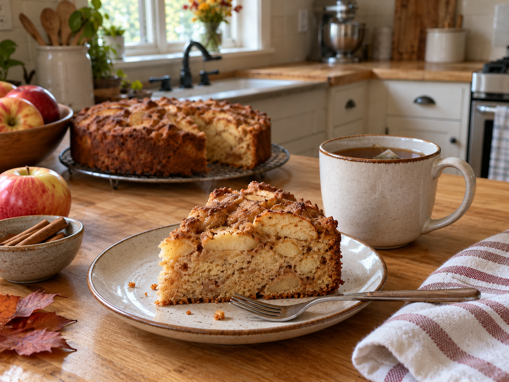 A slice of homemade apple cake on a plate beside a cup of tea in a warm, realistic American kitchen with soft natural light
