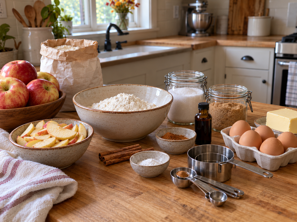 Ingredients for a cozy apple cake arranged on a kitchen counter in a warm American-style kitchen, including apples, flour, sugar, eggs, butter, cinnamon, and mixing bowls ready for baking