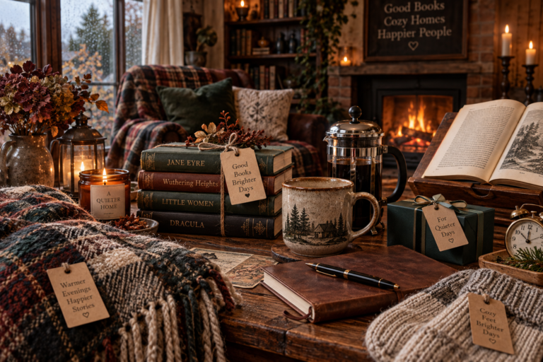 Cozy gift ideas for book lovers with an open journal, candle, wrapped gift, vintage books, and a warm mug in a cozy autumn reading nook