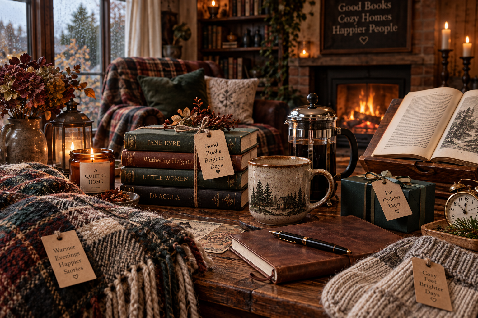 Cozy gift ideas for book lovers with an open journal, candle, wrapped gift, vintage books, and a warm mug in a cozy autumn reading nook