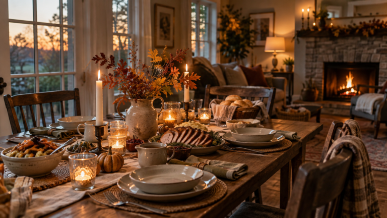 Warm Thanksgiving dinner table with candles, autumn branches, traditional food, and a glowing fireplace in a cozy American home