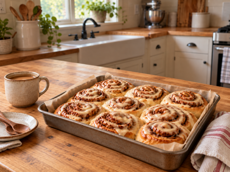 Freshly iced cinnamon rolls in a baking tray on a wooden counter in a cozy farmhouse kitchen with a white sink and soft natural light.