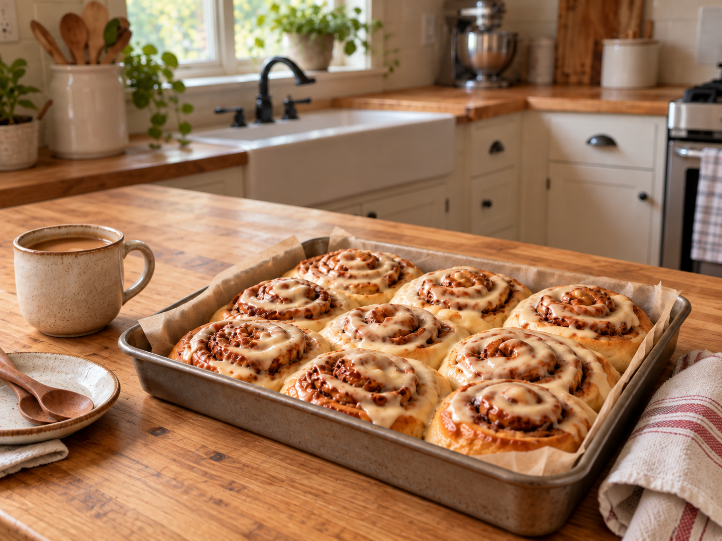 Freshly iced cinnamon rolls in a baking tray on a wooden counter in a cozy farmhouse kitchen with a white sink and soft natural light.