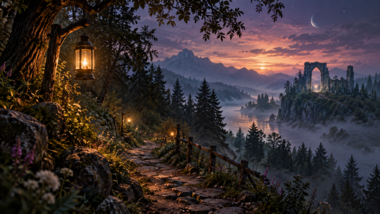 A glowing lantern hangs above a stone path overlooking a misty forest valley and ancient ruins at dusk