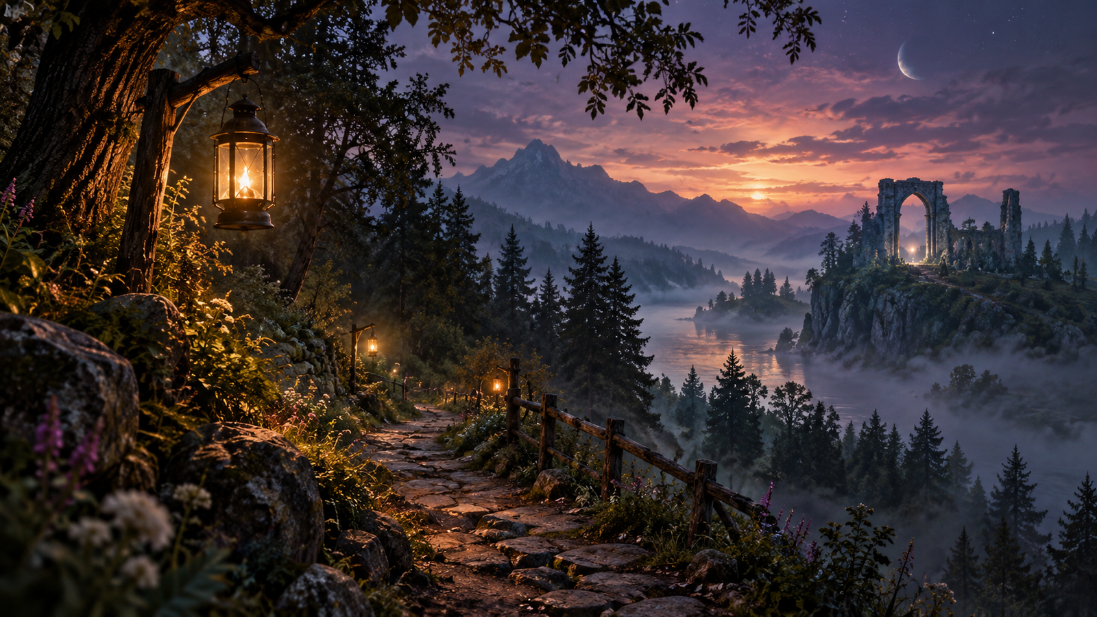 A glowing lantern hangs above a stone path overlooking a misty forest valley and ancient ruins at dusk