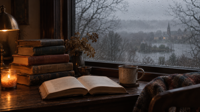 A stack of classic books beside an open novel and warm drink near a rain-covered window on a cold gray afternoon