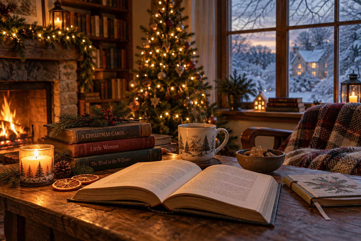 An open book, warm drink, candlelight, and classic novels beside a softly lit Christmas tree on a quiet December evening