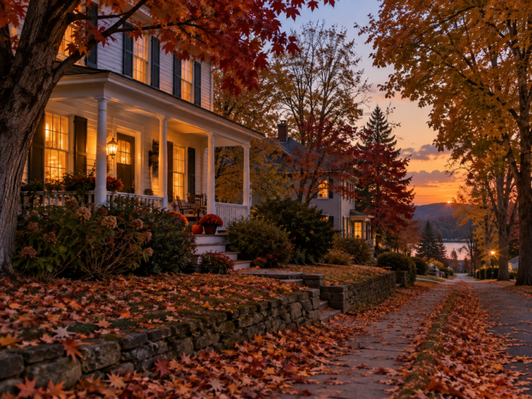 A quiet American small-town street in autumn with a white porch house, glowing windows, colorful maple trees, fallen leaves, and warm evening light