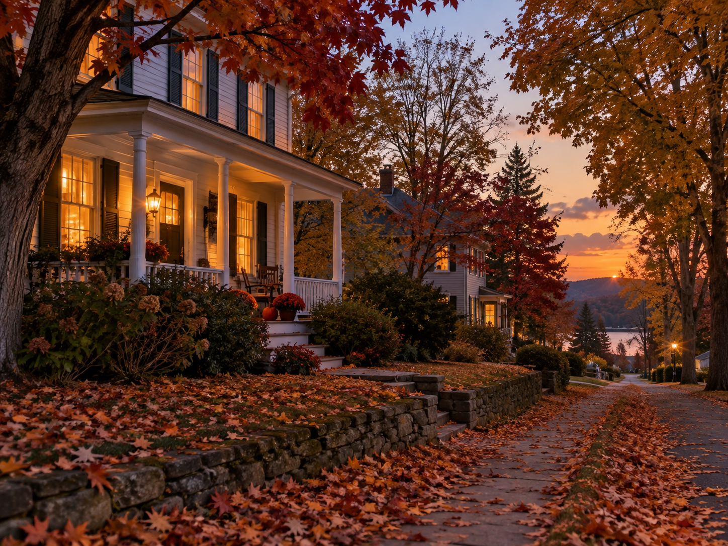 A quiet American small-town street in autumn with a white porch house, glowing windows, colorful maple trees, fallen leaves, and warm evening light