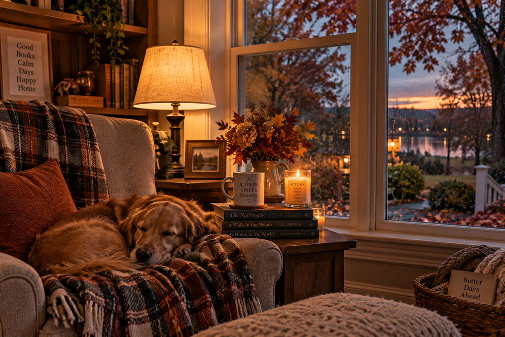 A cozy American autumn reading nook with a golden retriever sleeping on a plaid-covered armchair beside warm lamplight, books, candles, fall leaves, and a rainy view outside