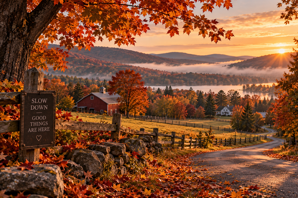 A scenic New England countryside in autumn with a winding road, red barn, colorful maple trees, misty hills, and a lake glowing in warm evening light