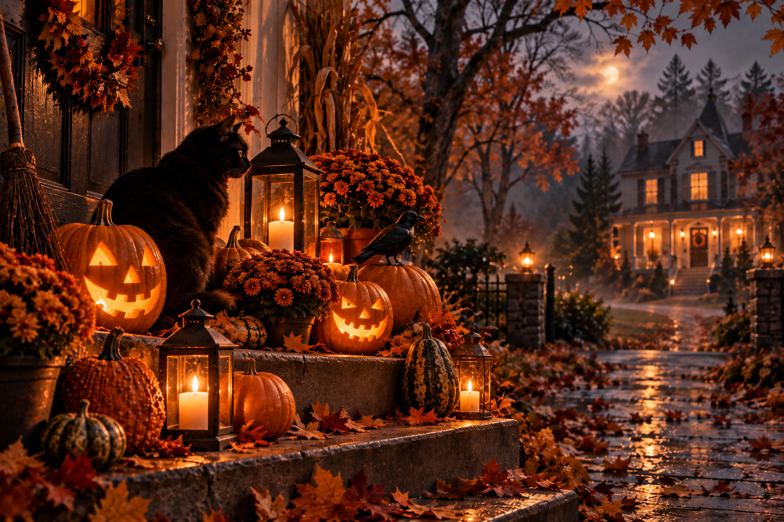 A cozy American Halloween porch at dusk with glowing jack-o’-lanterns, lanterns, autumn mums, fallen leaves, a black cat, and a crow, with a warmly lit old house and misty path in the background