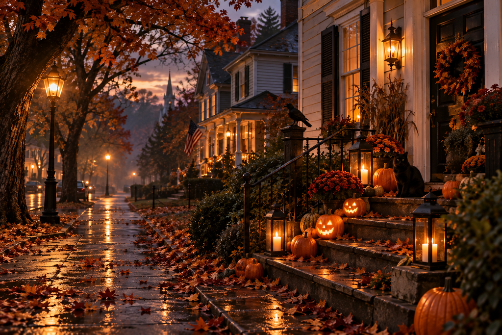 A quiet American neighborhood at dusk in autumn with glowing porch lights, jack-o’-lanterns, lanterns, fallen leaves, wet sidewalks, a black cat, and a crow creating a cozy Halloween atmosphere