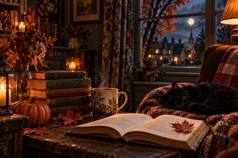 A cozy autumn reading scene with old books, an open novel, candlelight, a small pumpkin, a sleeping black cat, and a moonlit American neighborhood visible through the window