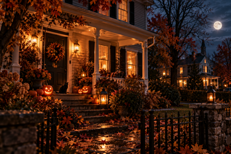 A cozy American house on Halloween night with glowing jack-o’-lanterns, warm porch lights, fallen autumn leaves, a black cat, wet stone steps, and a full moon over the neighborhood