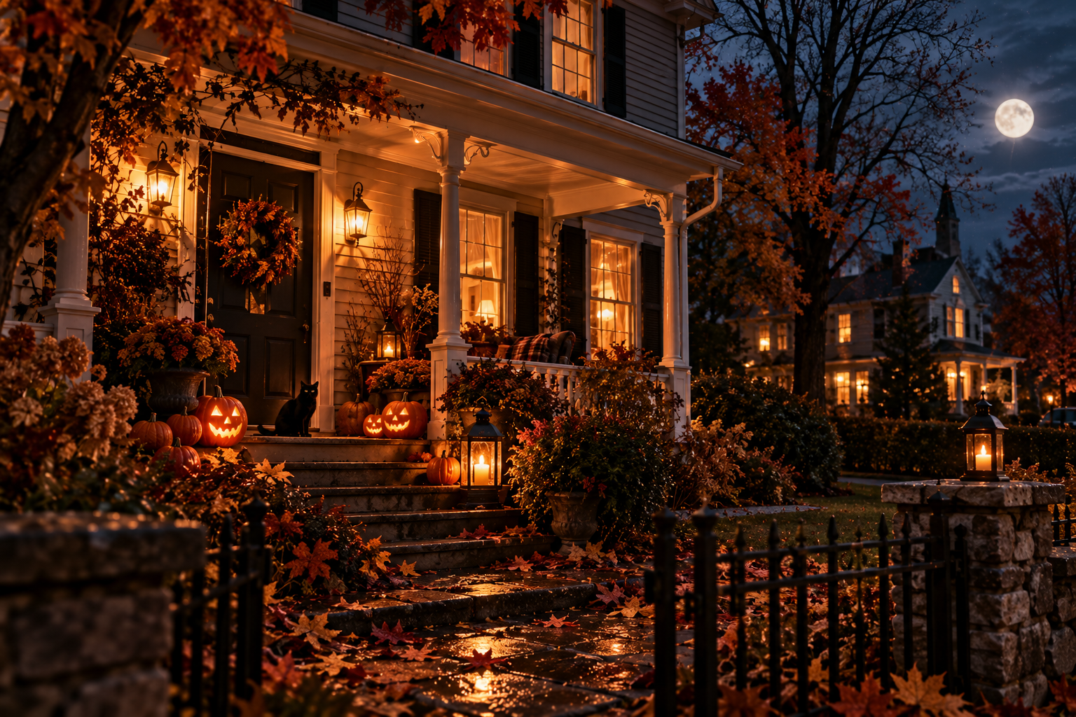 A cozy American house on Halloween night with glowing jack-o’-lanterns, warm porch lights, fallen autumn leaves, a black cat, wet stone steps, and a full moon over the neighborhood