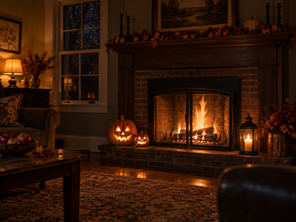 A cozy Halloween living room with a glowing fireplace, carved jack-o’-lanterns, a candle lantern, autumn leaves, warm lamplight, and a dark October evening outside the window