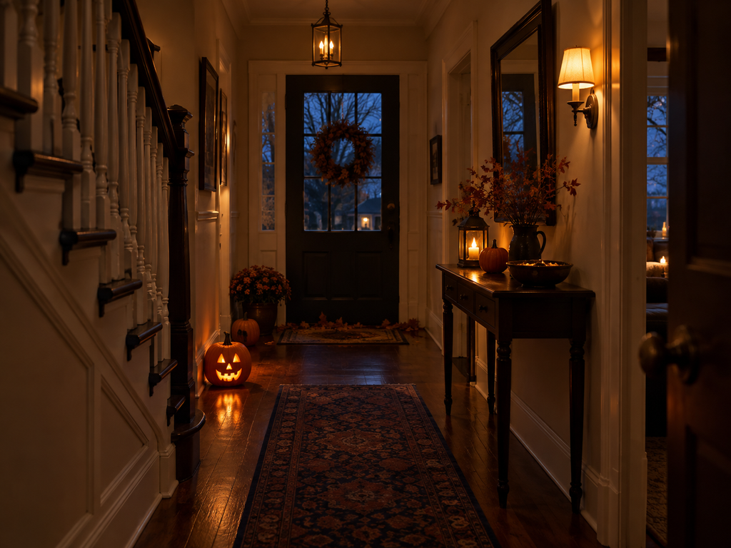 A warm Halloween hallway with a glowing jack-o’-lantern, lantern light, autumn leaves, a seasonal wreath, dark wood furniture, and a softly lit front door at dusk