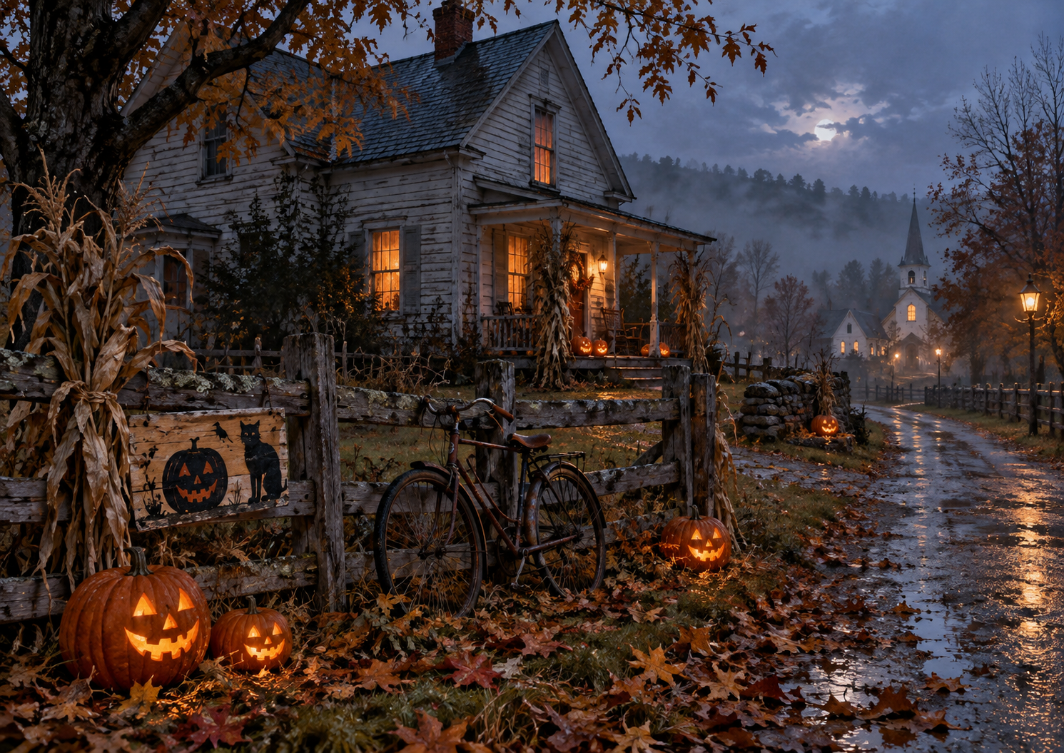 An old-fashioned American farmhouse at dusk with glowing jack-o’-lanterns, a vintage bicycle, a weathered wooden fence, fallen autumn leaves, mist, and a wet country road leading toward a small church
