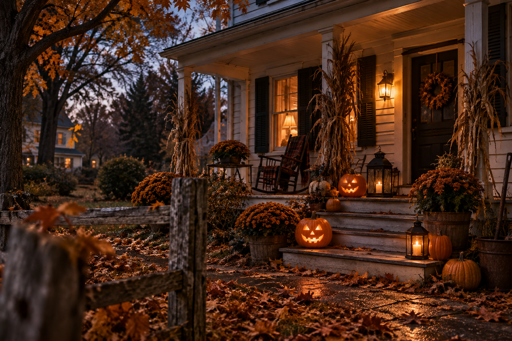 A cozy old-fashioned American porch at dusk with glowing jack-o’-lanterns, lantern light, dried corn stalks, autumn mums, fallen leaves, a rocking chair, and a weathered wooden fence