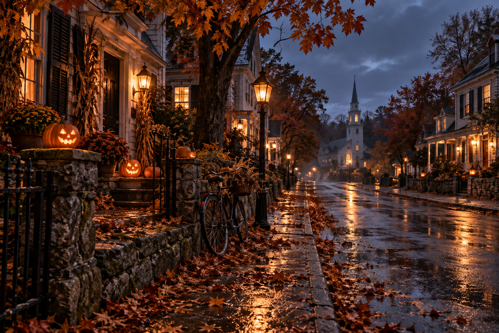 A quiet old-fashioned American town street after rain, with glowing jack-o’-lanterns, historic white houses, warm streetlamps, fallen autumn leaves, a vintage bicycle, and a church in the distance beneath a dark October sky