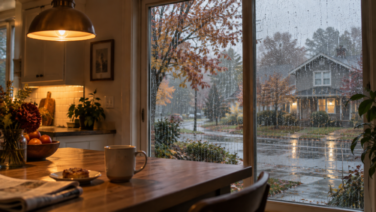 A warm kitchen on a rainy autumn day with a wooden table, coffee mug, simple breakfast, soft pendant light, and large rain-covered windows overlooking a quiet residential street