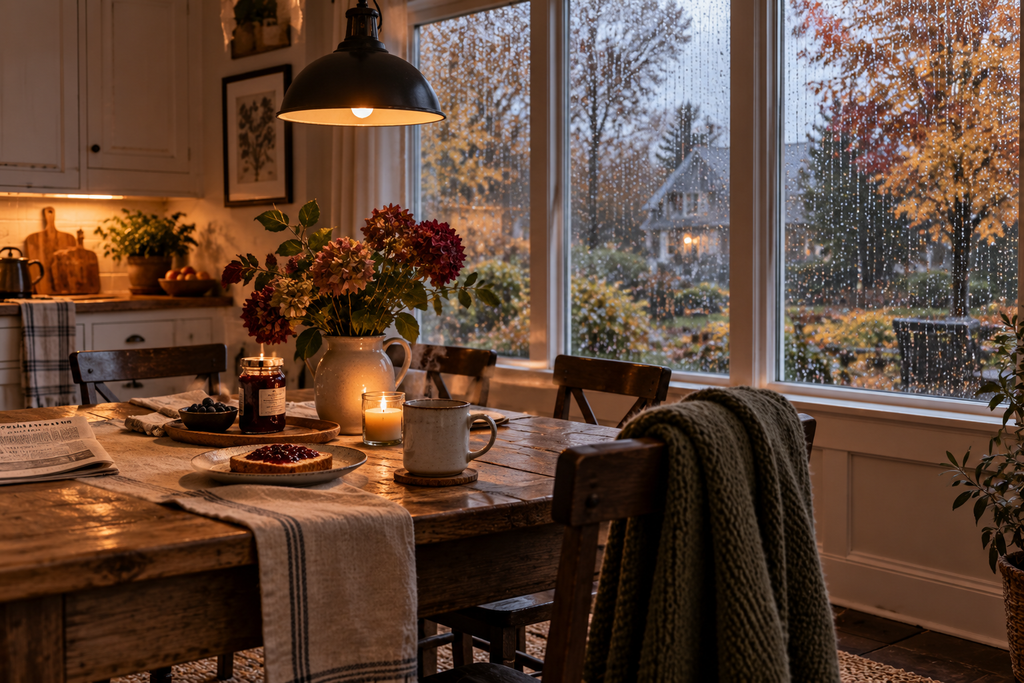 A cozy farmhouse kitchen on a rainy autumn morning with a wooden dining table, coffee, toast and jam, flowers, warm pendant lighting, and large rain-covered windows overlooking a quiet neighborhood