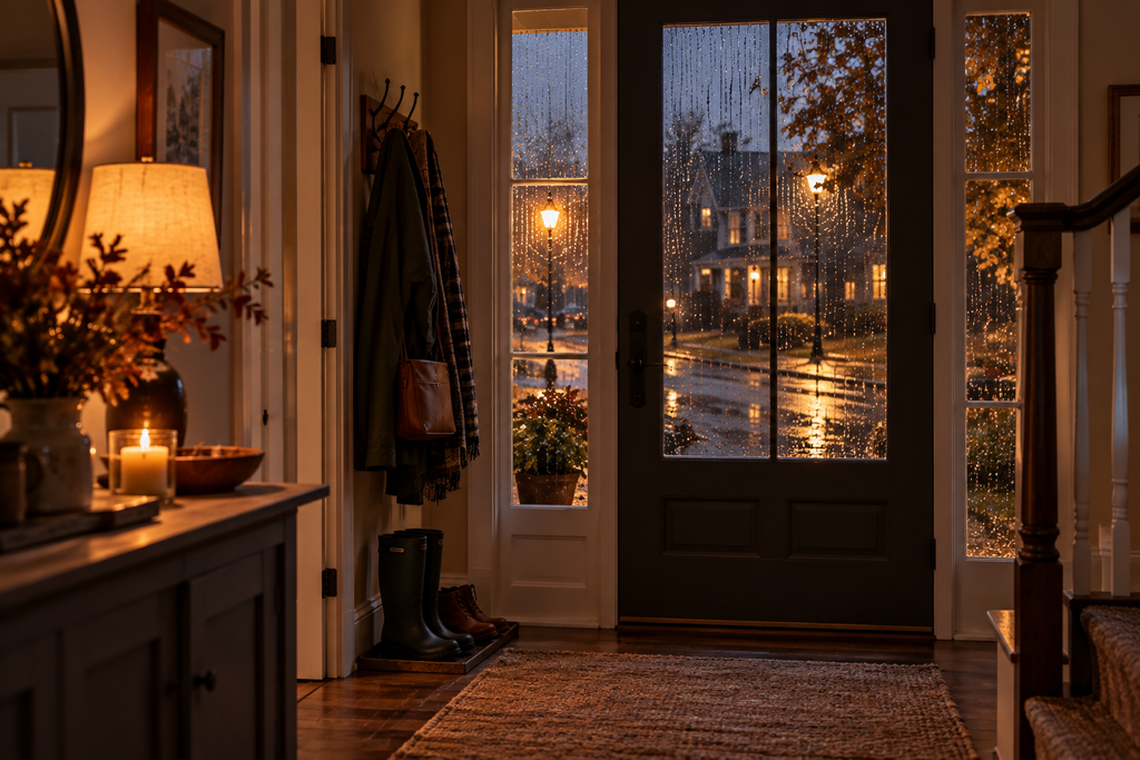A warm entryway on a rainy autumn evening with coats and boots by the door, soft lamplight, and rain-streaked glass looking out onto a wet residential street with glowing streetlights