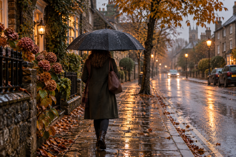 A woman walking beneath a large black umbrella along a quiet rain-soaked autumn street, with glowing streetlights, wet pavement, fallen leaves, and old stone houses.