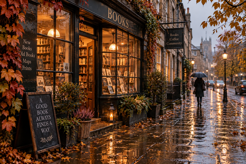 A warmly lit independent bookshop on a rainy autumn street, with glowing windows, wet pavement, fallen leaves, reflections from streetlamps, and a person walking beneath a black umbrella in the distance