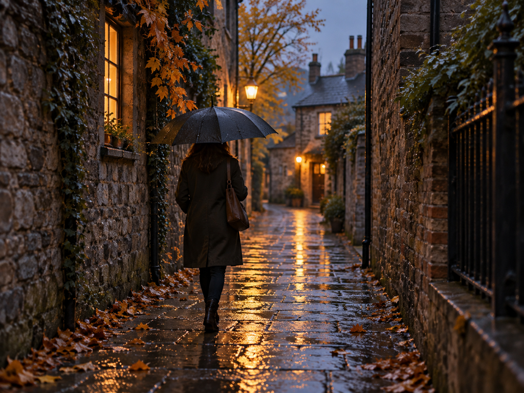 A person walking home beneath a black umbrella through a quiet rain-soaked stone alley, with glowing windows, warm streetlights, fallen autumn leaves, wet pavement, and old houses at dusk.